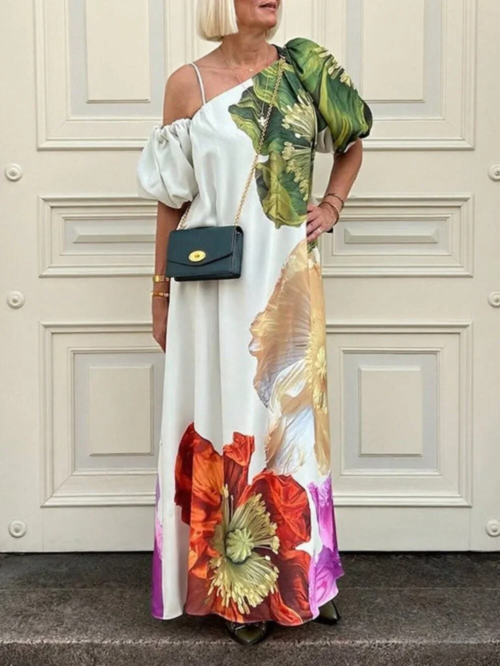 White Casual Women's Elegant Floral Print Off-Shoulder Puff Sleeve Dress - Picture 4 of 4